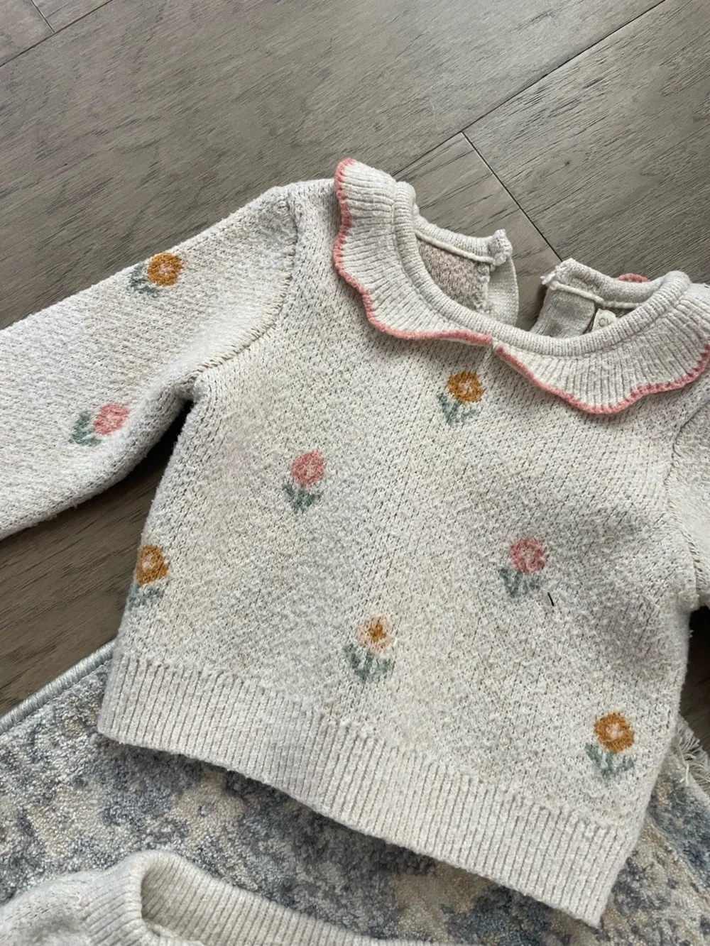 Girls Two-Piece Knit Floral Sweater Set - Cream with Pink & Mustard Flowers